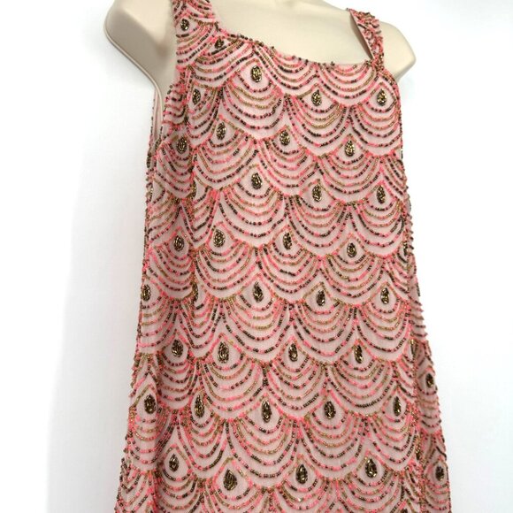NWT ANTHROPOLOGIE MOULINETTE SOEURS PINK GOLD SCALLOP HEM BEADED SHIFT DRESS 6 - Picture 6 of 16